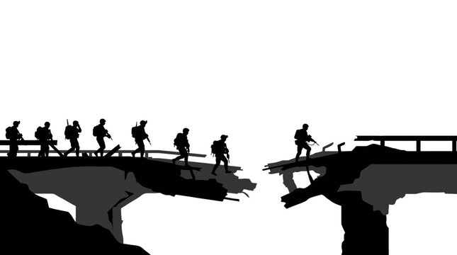 Silhouette of Soldiers Crossing a Broken Bridge