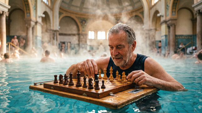 Senior man playing chess on a floating board in a Budapest thermal bath.