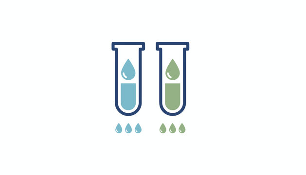 Lab test tubes with blue and green liquids and falling droplets representing scientific research and water testing.