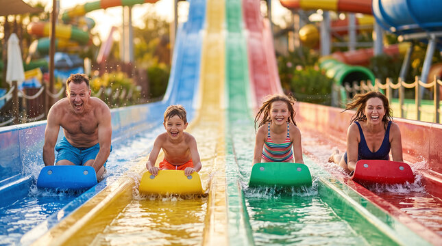 Happy family racing down colorful water slides on mats at a water park.