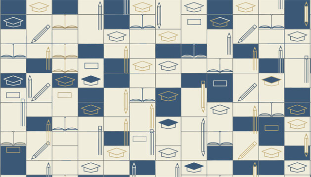 Seamless education pattern with school elements like graduation caps, open books, and pencils in a grid design.