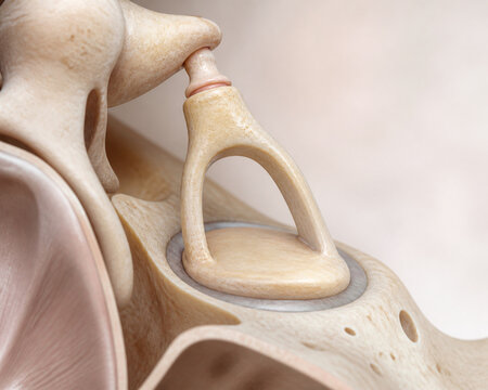 Detailed stapes at oval window anatomical closeup