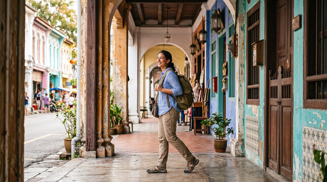 Happy woman with backpack walking along historic shophouses in George Town.