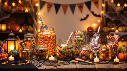 Fototapeta premium Abundant Halloween Candy Assortment in Jars with Festive Decorations and Pumpkins