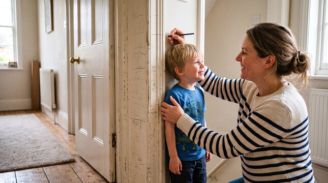 Loving mother measuring her little son's height on a door frame at home
