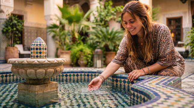Smiling woman touching water in a traditional Moroccan riad fountain.