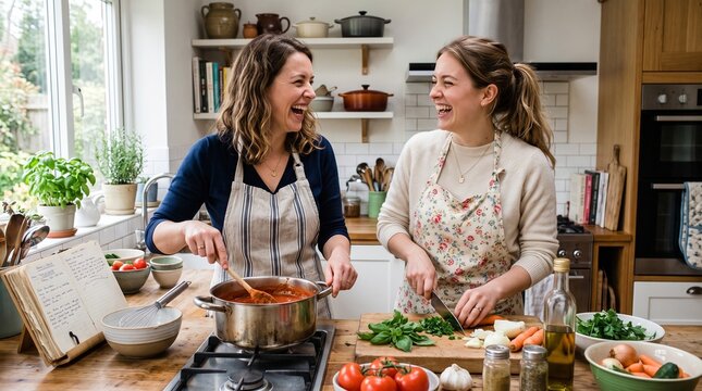 Two women laughing while cooking together in a bright, cozy kitchen preparing a meal from a recipe book