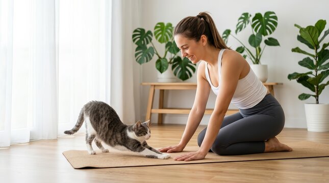 A happy woman and her pet cat doing yoga on a mat in a bright living room.