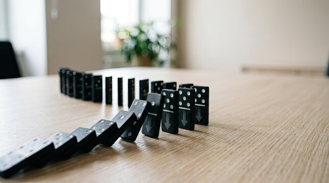 A domino set rests on a light wood table, arranged to create a falling domino effect. The dominoes are black with white dots and arrows.