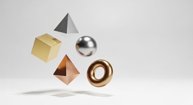 Several metallic geometric shapes float against a white background. A gold cube, a silver sphere, a bronze pyramid, and a copper pyramid are suspended in mid-air.