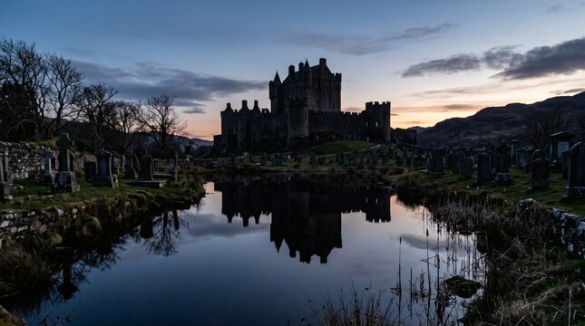 Ancient Scottish Castle and Graveyard Reflected in Calm Water at Dusk