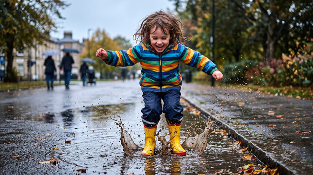 Happy child in striped rain jacket jumping in a muddy puddle on a rainy day
