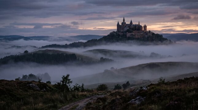 Misty morning sunrise over a fairytale castle perched on a hill surrounded by rolling fog covered hills and forests