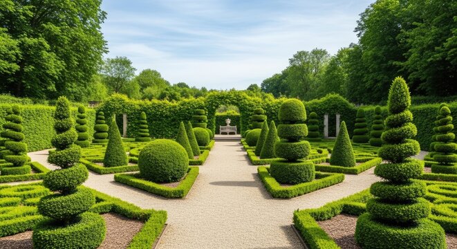 A formal garden showcases a symmetrical parterre with meticulously shaped topiary hedges. A gravel pathway leads to a central stone bench, framed by a low hedge.