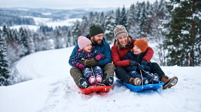 Happy family of four having fun sledging down a snowy hill in winter forest