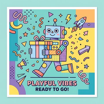 Playful robot carrying a gift box amidst festive colorful shapes