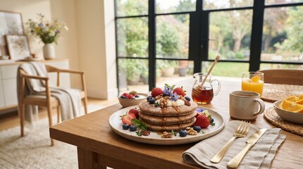 Fototapeta premium Delicious stack of pancakes with berries and orange juice on wooden table