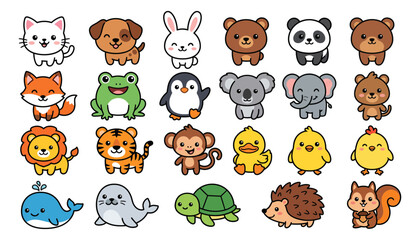 Obraz premium Set of cute cartoon animals collection including various wild and domestic creatures in a flat vector style