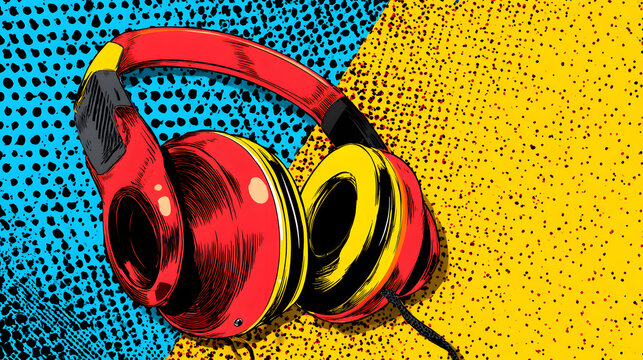 Vibrant Red and Yellow Over-ear Headphones Resting on Pop Art Colored Background