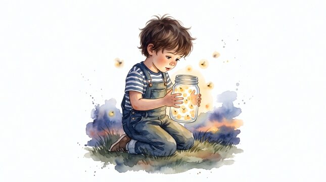 Young boy in overalls kneeling in grass at dusk catching fireflies in a glass jar