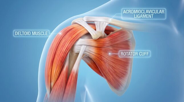 The image displays a detailed anatomical illustration of the human shoulder joint. It highlights the acromioclavicular ligament, deltoid muscle, and rotator cuff muscles.
