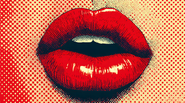 Close-up of glossy red lips with bold pop art style dots background