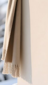 Beige wool scarf with fringe detail, elegant cashmere pashmina hanging against wall, soft winter fashion accessory