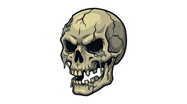 Detailed illustration of a weathered and cracked human skull with a menacing expression.