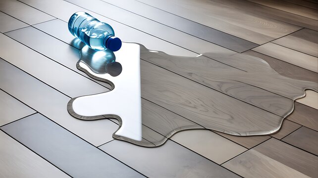 Water leak spreading across a modern wooden floor with a small valve fitting and damaged surface