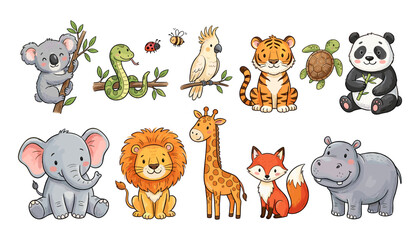 Fototapeta premium PrintCute cartoon wild jungle animals set including koala lion elephant tiger panda giraffe hippo fox snake parrot and turtle
