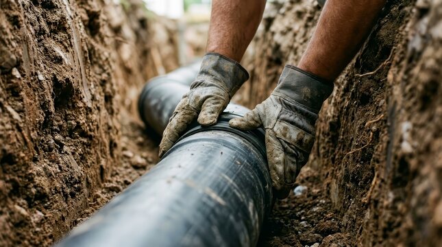 Trenchless pipe lining technique being performed by a worker in a narrow dirt trench.