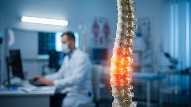 A blurred clinician in the background focuses on clinical pain management for spinal column issues.