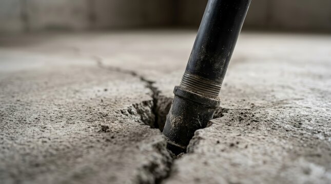 Close up of a radon mitigation pipe placed into a crack in the basement concrete floor to reduce gas entry.