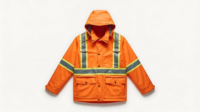 High visibility orange safety jacket with reflective stripes isolated against a light background