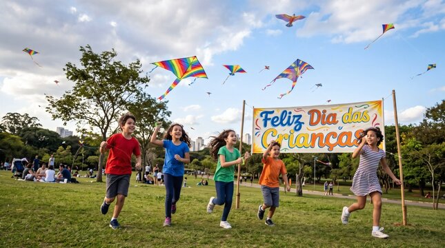 Children joyfully run in a park flying kites under a banner that says Feliz Dia das Crian&ccedil;as
