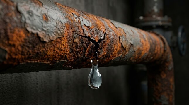 Plumbing repair needed on a cracked and rusty metal pipe with leaking water.