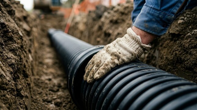 Professional installation of a corrugated sewer pipe within a soil trench for plumbing maintenance.