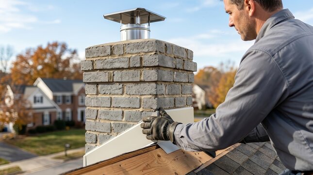 Skilled technician inspecting a brick chimney cap and flashing on a residential roof.