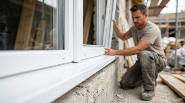 Detail of a professional installer fitting a new vinyl window into a residential construction site.