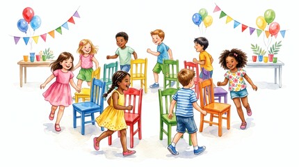 Fototapeta premium Children playing musical chairs game at a birthday party with balloons and decorations