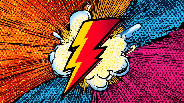 Comic Book Style Lightning Bolt Explosion with Bright Colors and Dynamic Background