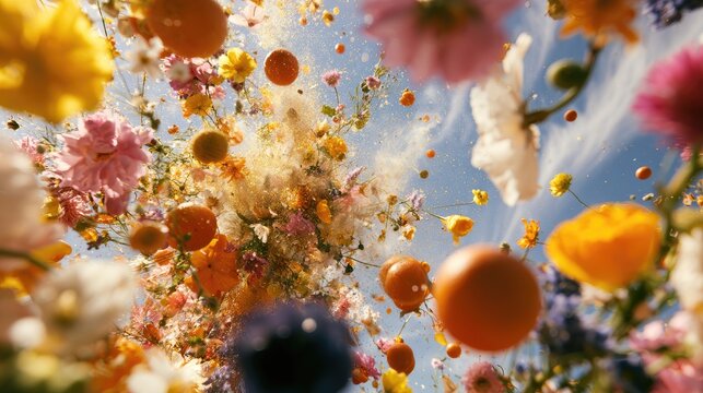 Upward view of vibrant floral explosion against a bright sky
