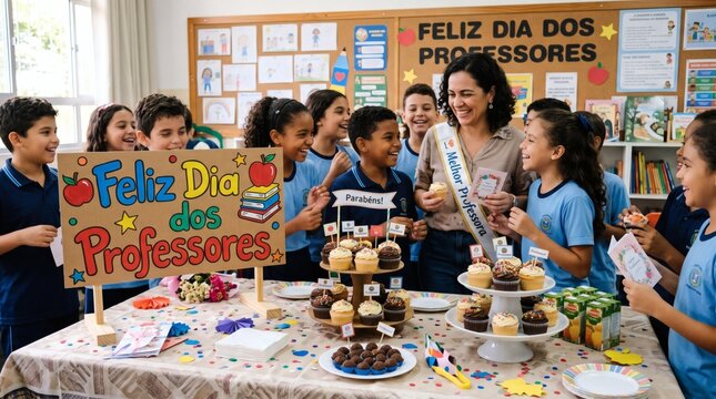 Happy Teachers Day celebration with students giving cupcakes and cards to their teacher