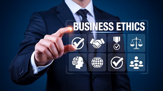 Business ethics concept with professional businessman presenting ethical values and corporate responsibility