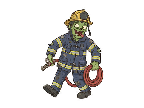 Cartoon illustration of a zombie firefighter holding a red hose.