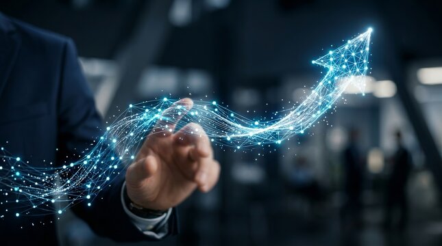Organizational shift and change management concept with a hand guiding a glowing digital arrow swirl.