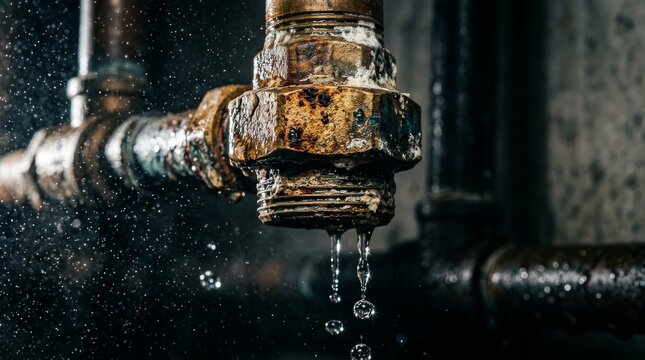 Leaking plumbing pipe with mineral buildup and corroded metal backflow preventer union.