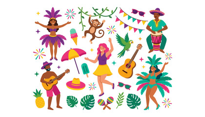 Fototapeta premium Flat vector illustration set of carnival elements featuring dancing samba performers musicians monkey parrot guitar and festive party icons