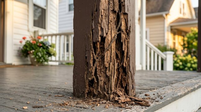 Structural risk from termite damage and wood decay on a house column.