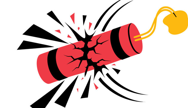 Exploding red dynamite stick illustration featuring cracked surface texture and dynamic graphic speed lines with splitting apart stylized cracks radiating motion